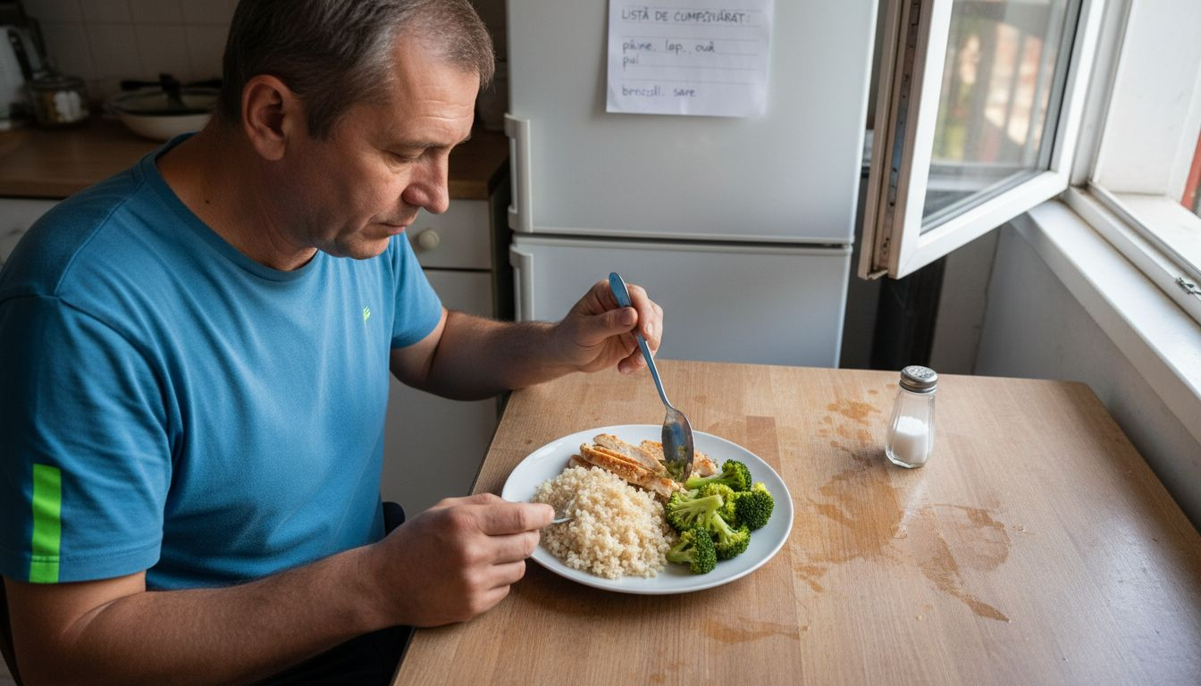 Un bărbat își împarte cu grijă mâncarea în porții egale pe farfuria de cină.