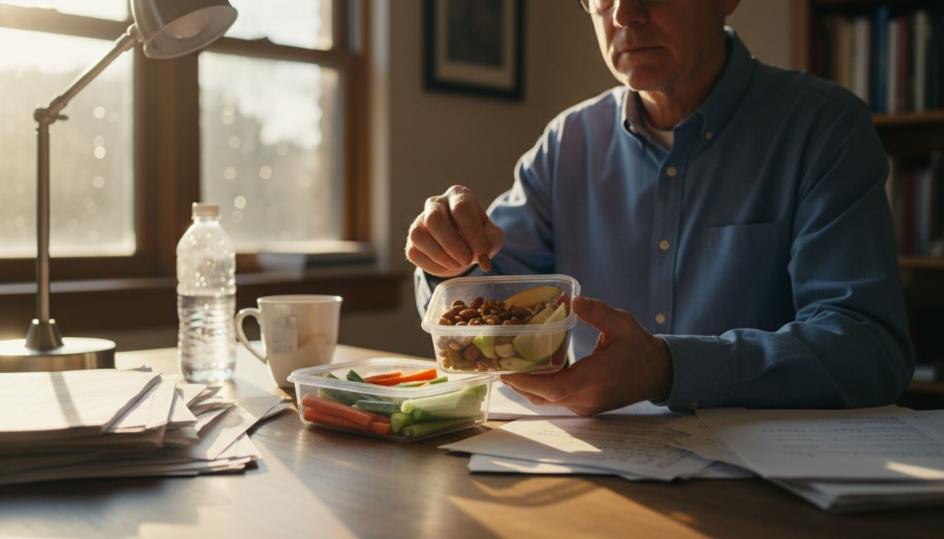 Man preparing snacks at home office desk