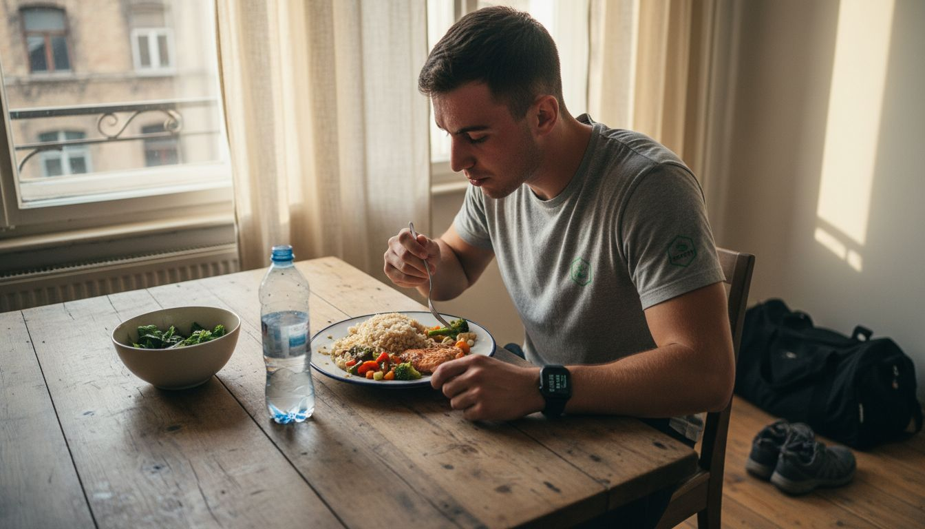 După antrenament, sportivul se bucură de o masă echilibrată, plină de nutrienți, pentru a-și reface energia și a sprijini recuperarea.