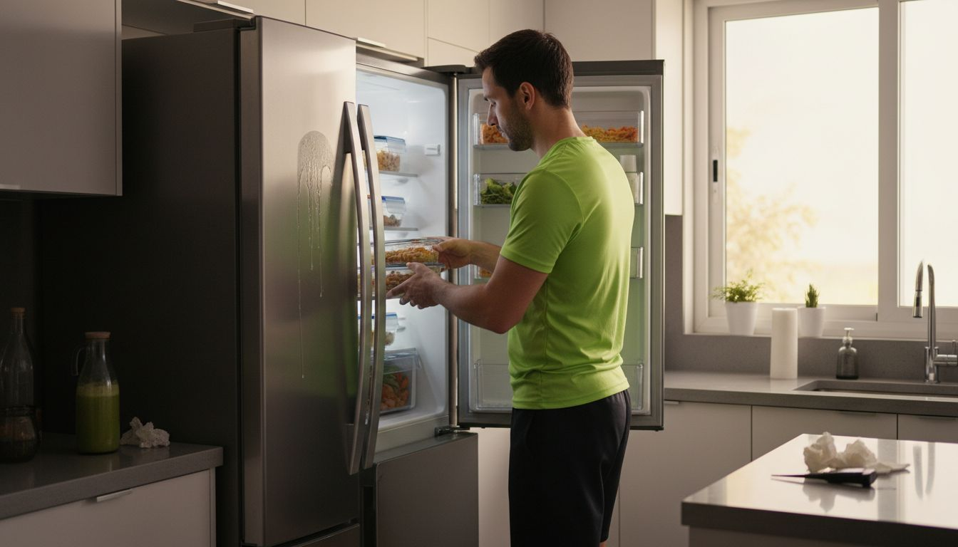 Un bărbat își organizează mesele în frigider pentru toată săptămâna.