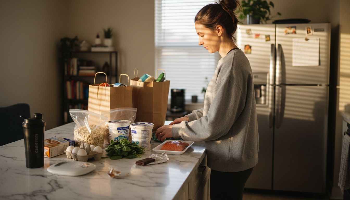 Woman unpacks muscle gain groceries kitchen
