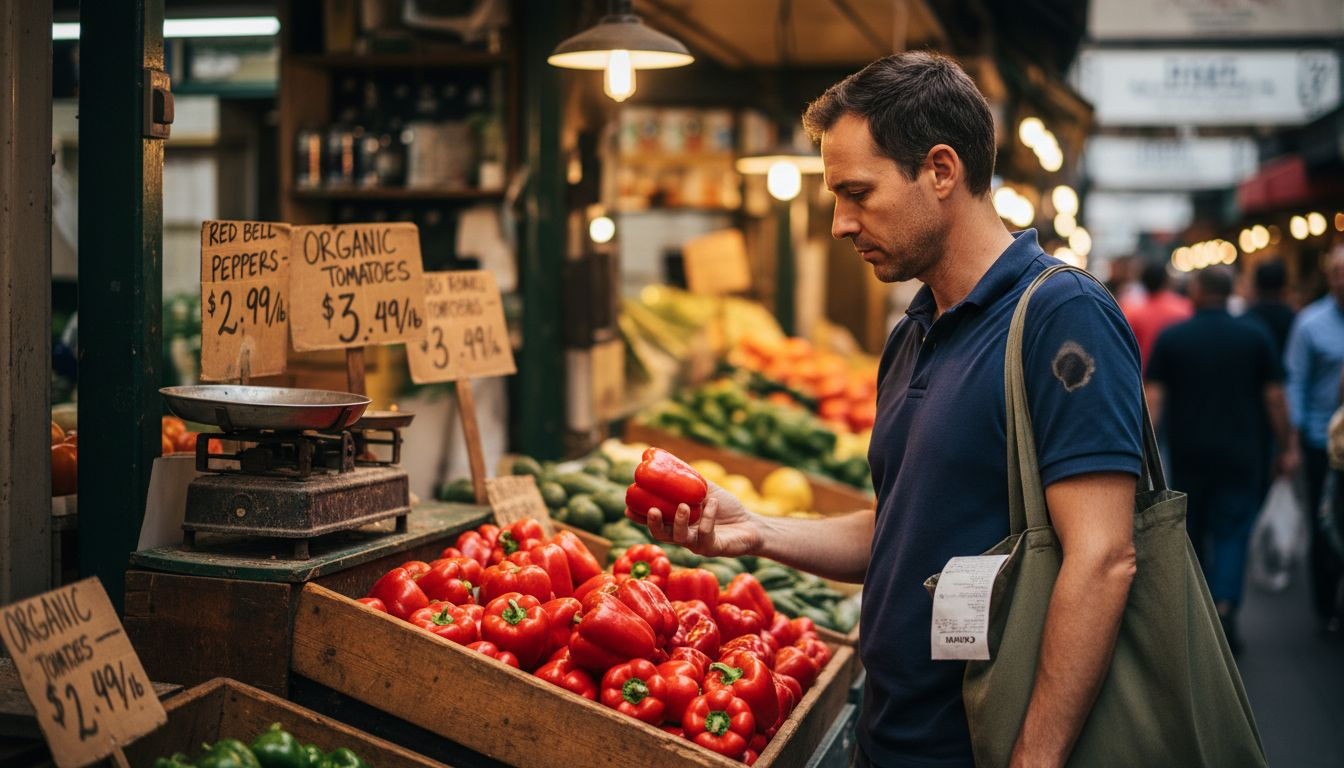 Man selecting peppers at city market produce section