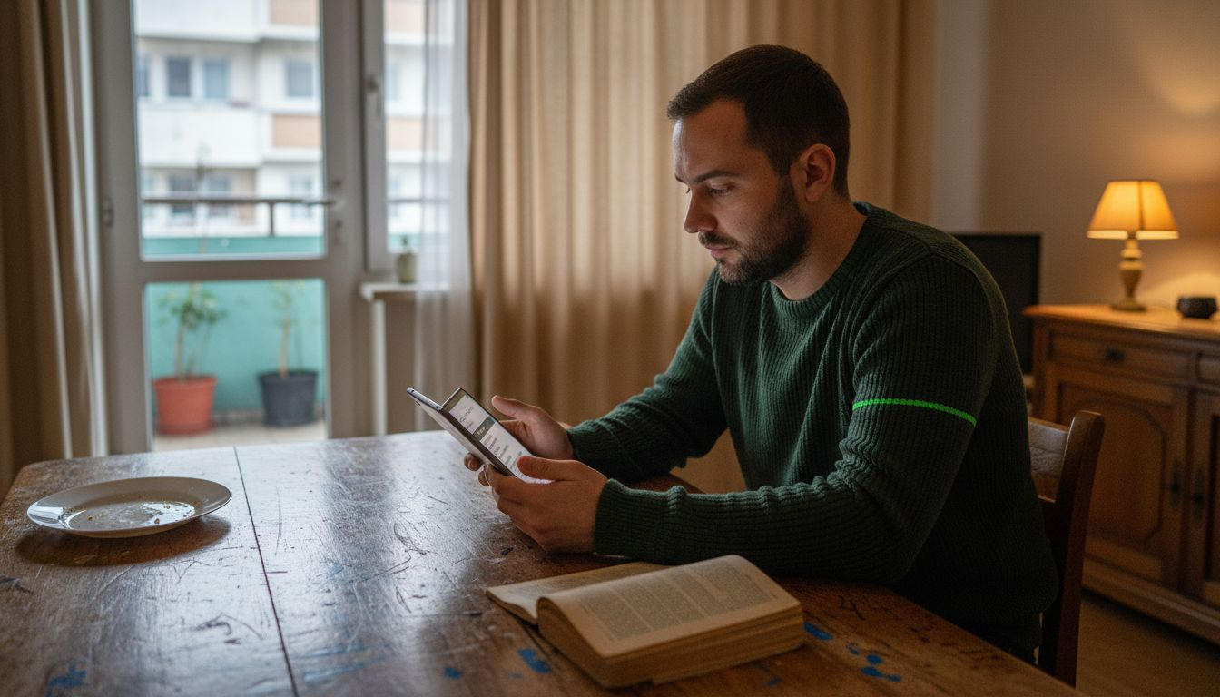 Un bărbat analizează cu atenție detaliile unei comenzi plasate online.