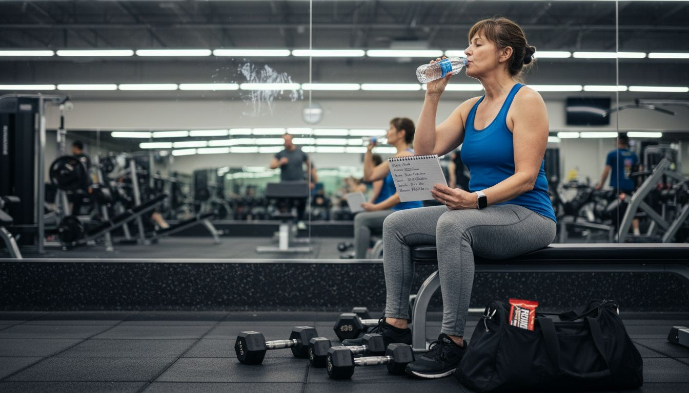 Woman in gym reviewing meal plan