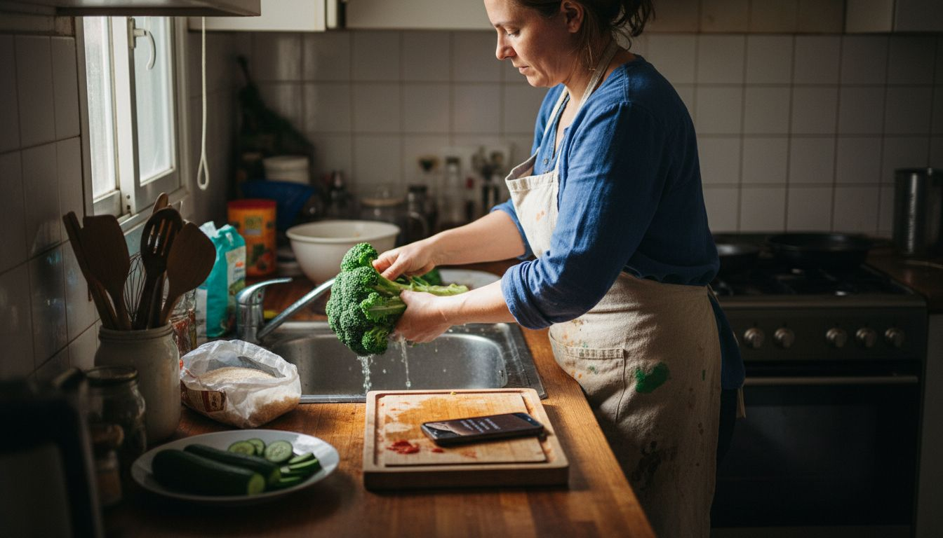 O doamnă spală legume proaspete pentru a le pregăti pentru masă.