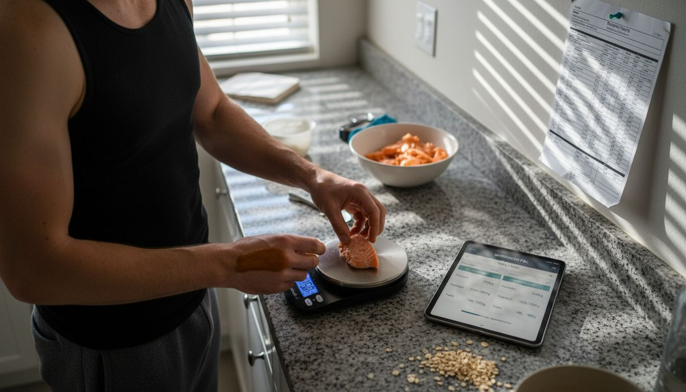 Man weighing food for meal plan tracking