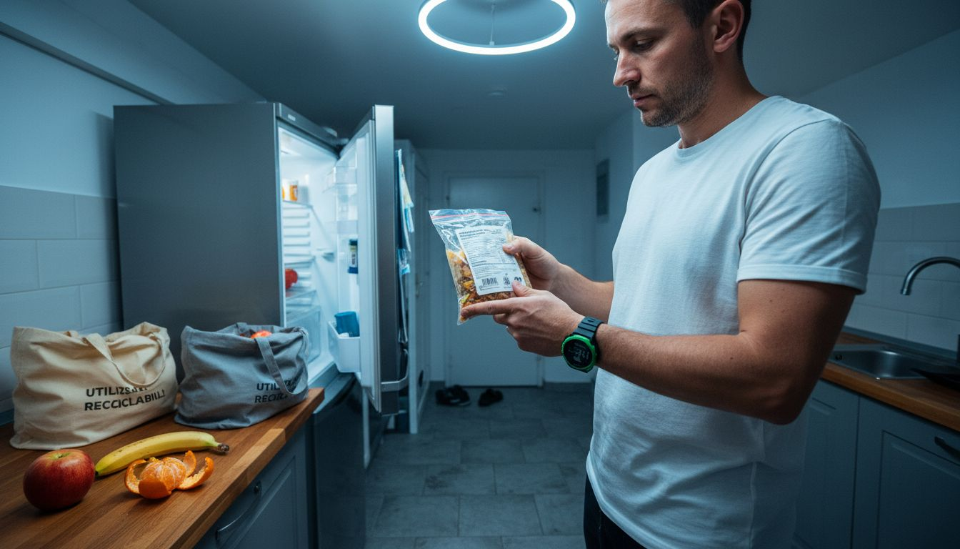 Un bărbat citește informațiile nutriționale de pe ambalajul unei mese gata preparate.