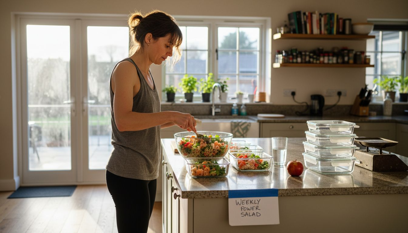 Athletic woman prepping healthy meals at kitchen island