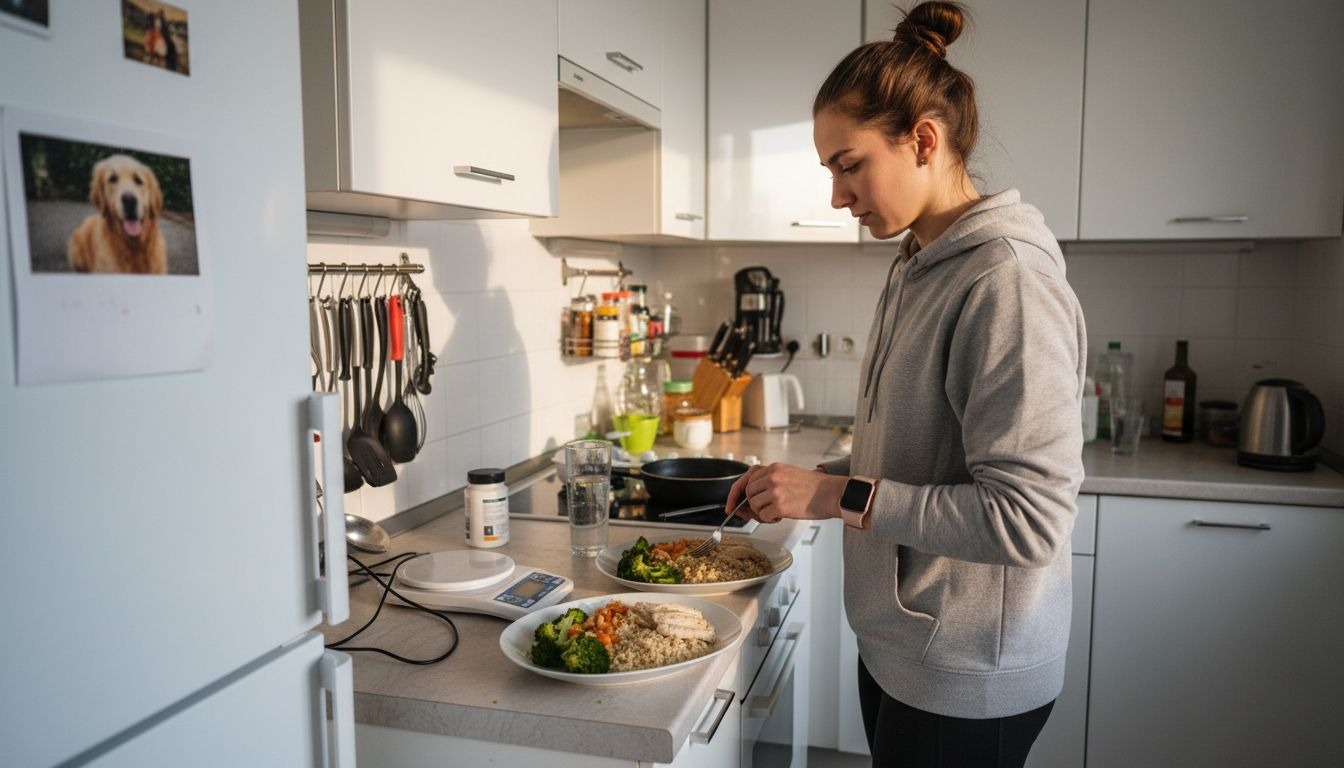 Sportiva își pregătește acasă un meniu sănătos, perfect pentru antrenamente.