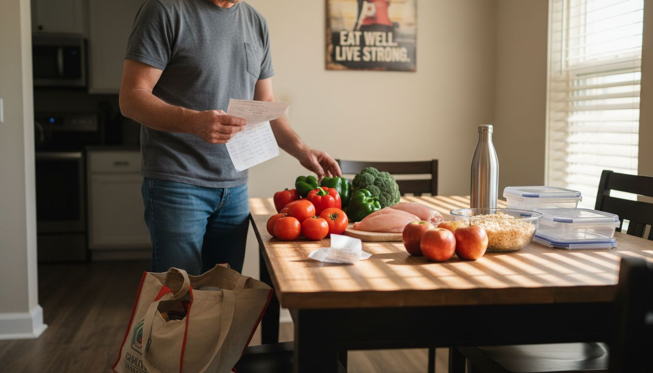 Man arranging groceries for meal prepping