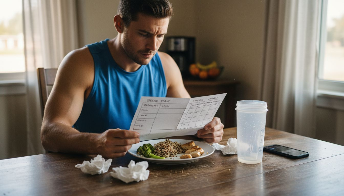 Athlete reviewing meal plan and eating