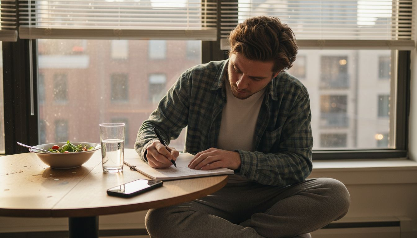 Man tracking meals in handwritten food diary