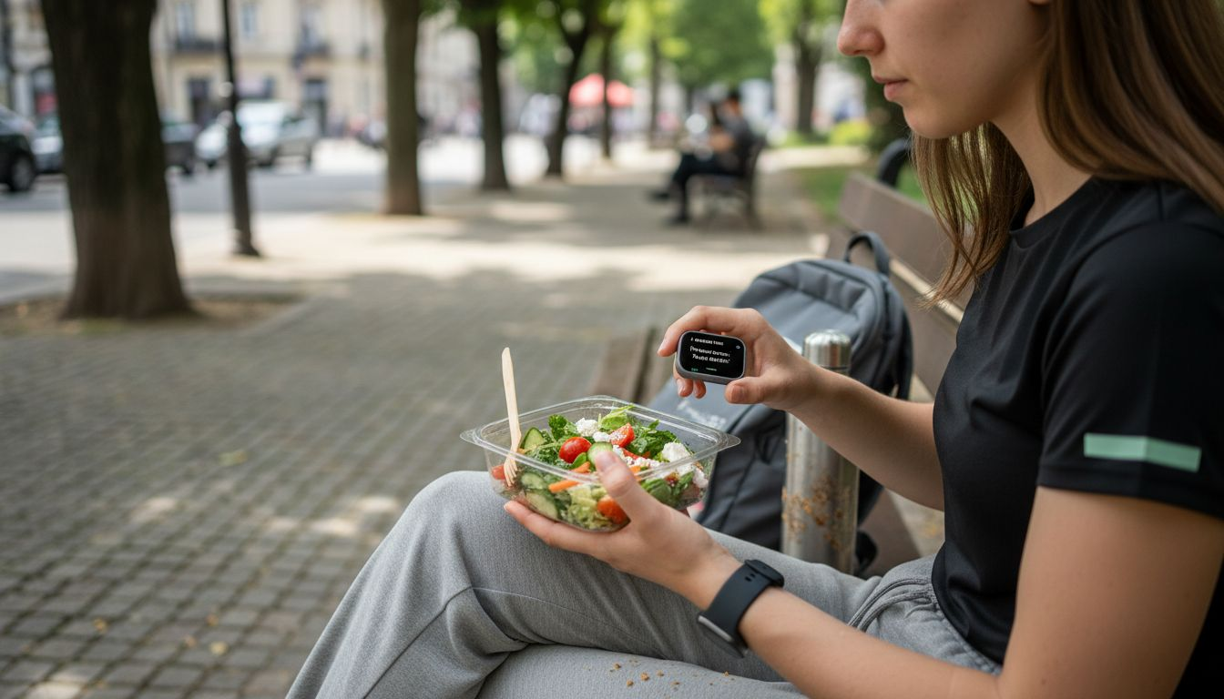 O tânără savurează prânzul comandat, relaxându-se pe o bancă în parc.