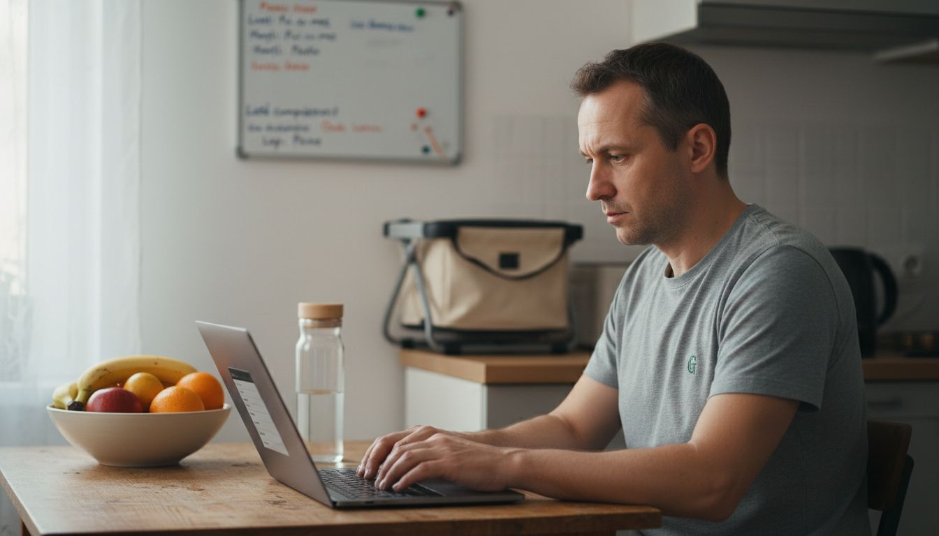 Un bărbat își modifică planul de alimentație pe laptop, ajustând meniul în funcție de preferințele și obiectivele sale.