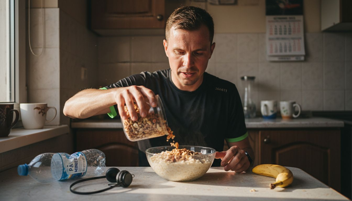 După antrenament, sportivul își pregătește un mic dejun vegetarian sănătos.
