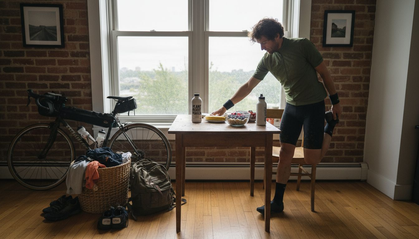 Cyclist stretching by vegan breakfast setup
