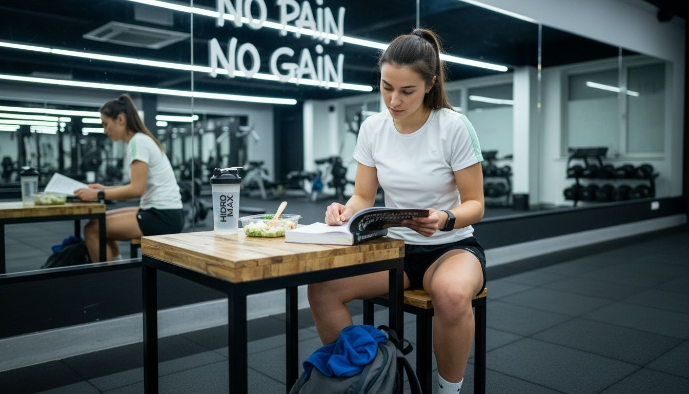 O tânără studiază dieta ketogenică înainte de antrenament, chiar la sala de sport.
