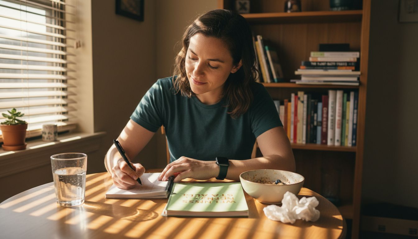 Woman tracking meal timing and fitness journal