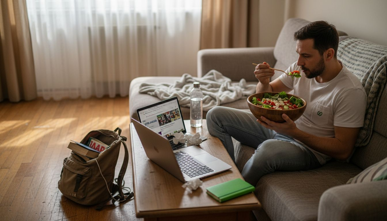 Un tânăr savurează un prânz sănătos, relaxat pe canapea.