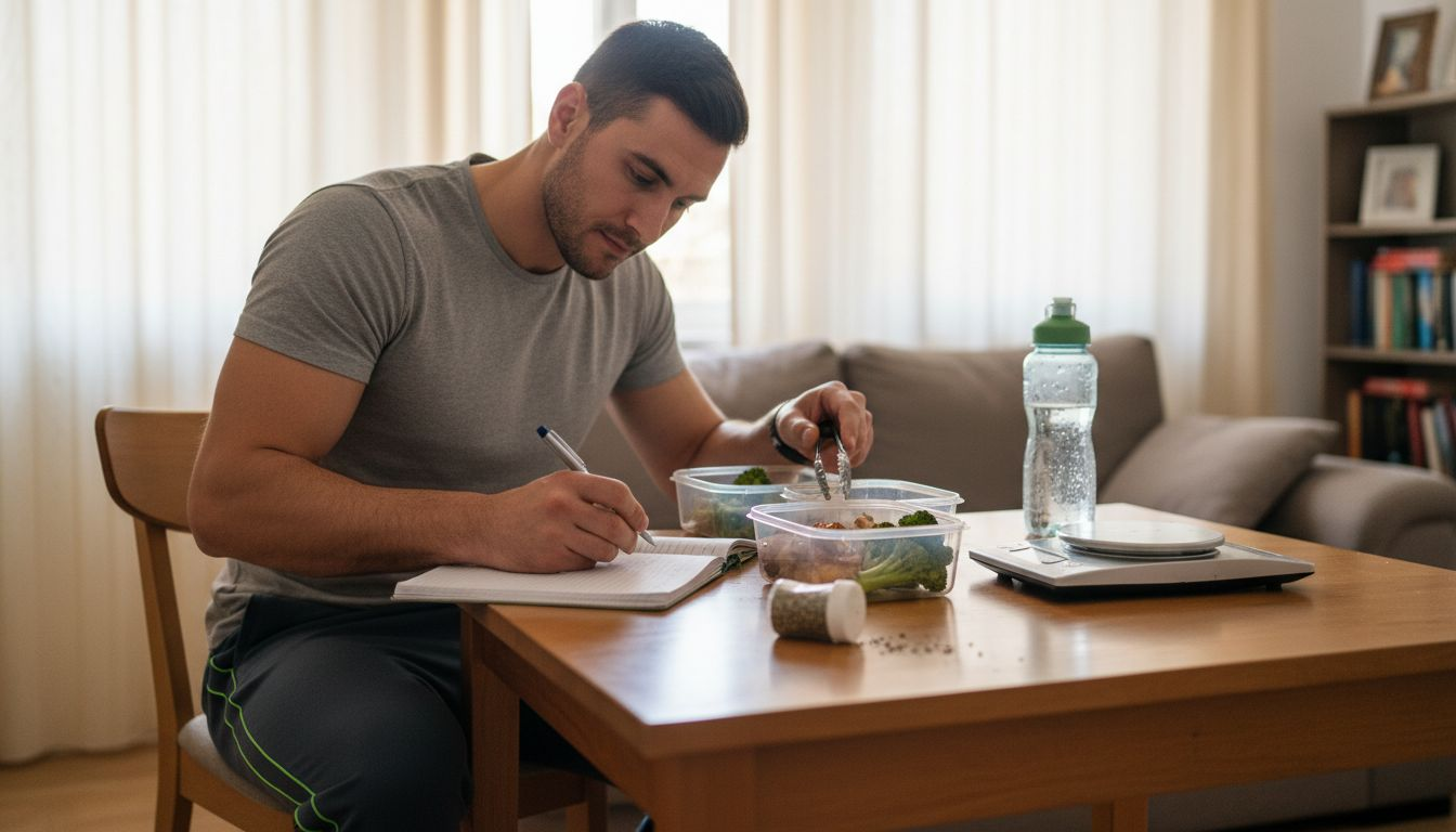 Un bărbat pasionat de sport își pregătește porțiile cu mâncare bogată în proteine.