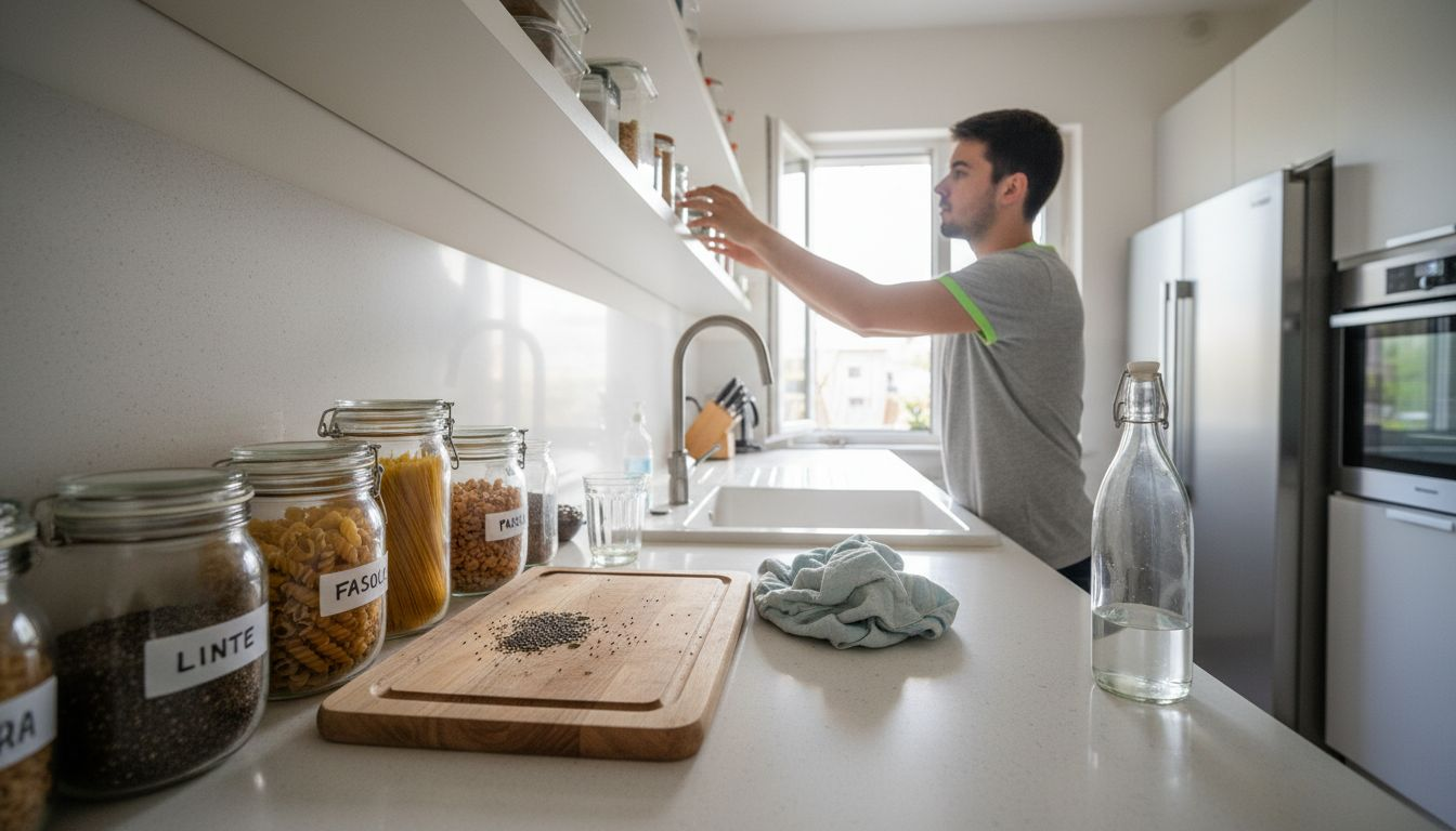 Un bărbat își pregătește toate ingredientele și ustensilele de care are nevoie pentru a găti mai multe mese din timp.