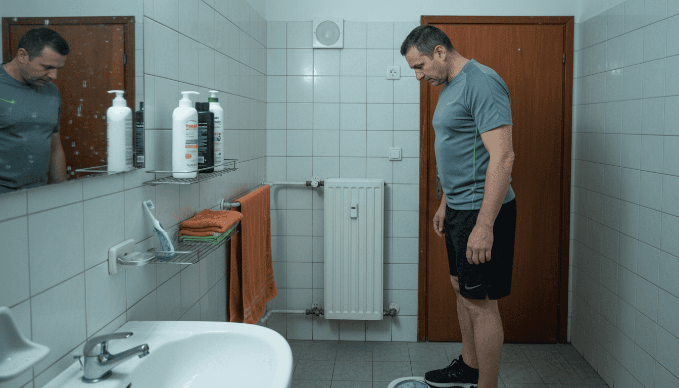 Un sportiv își verifică greutatea urcând pe cântar, atent la rezultate pentru a-și monitoriza progresul.