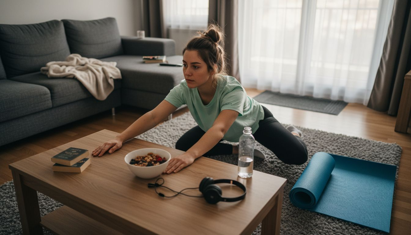 O sportivă care urmează o dietă vegană își face exercițiile de stretching pentru recuperare chiar la ea acasă.