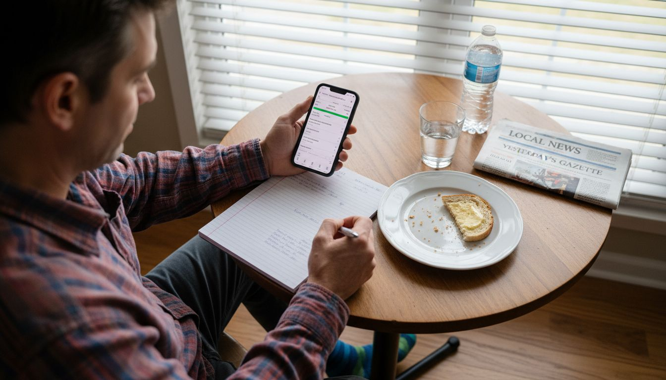 Man tracking meals at breakfast table