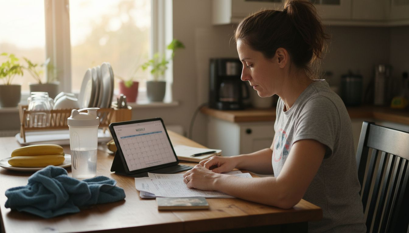 Woman planning meals and workouts at kitchen table