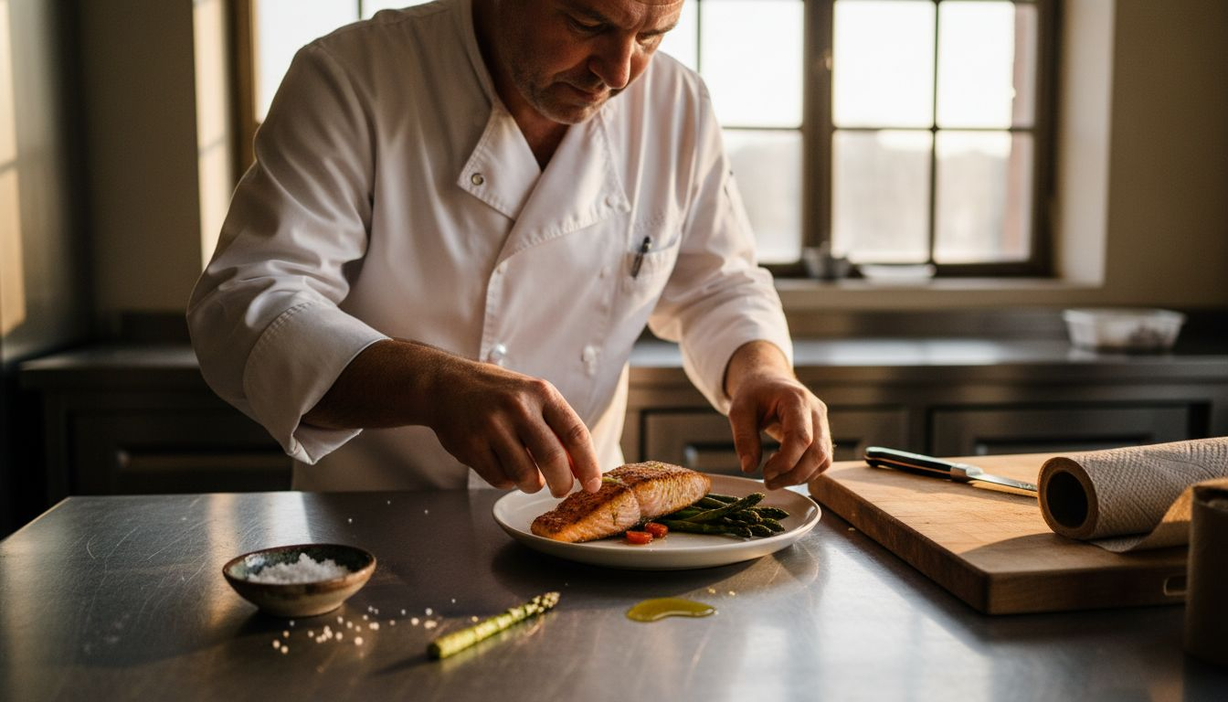 Chef plating keto salmon and asparagus meal