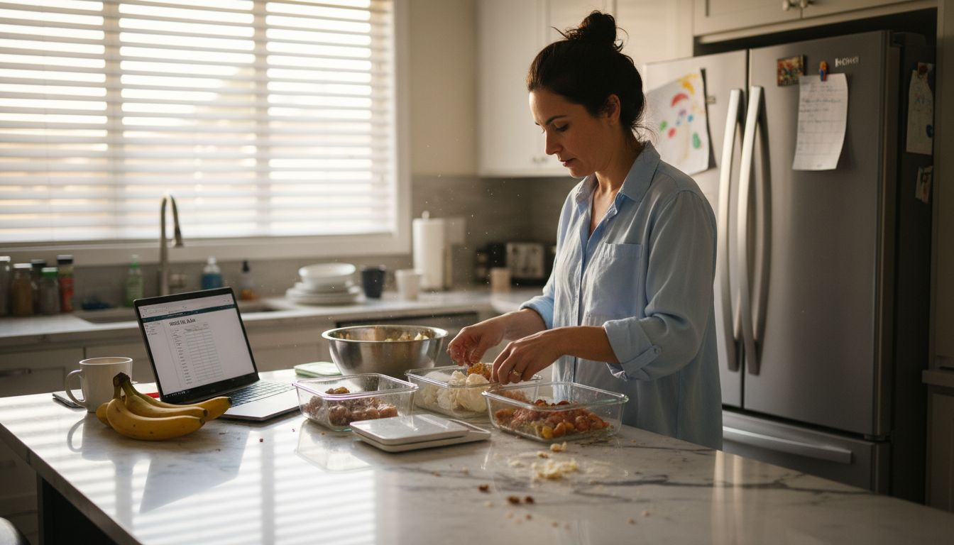 Professional woman prepping personalized meals in home kitchen