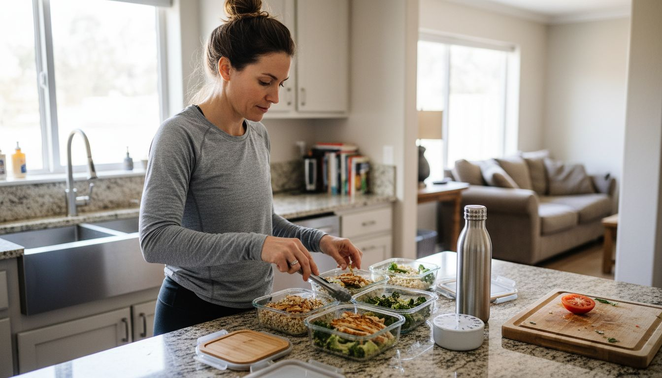 Woman prepping muscle gain meals in kitchen
