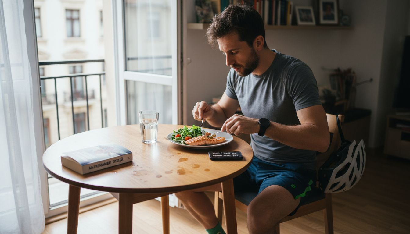 După alergare, bărbatul optează pentru un prânz keto sănătos, care îl ajută să se refacă și să se mențină în formă.