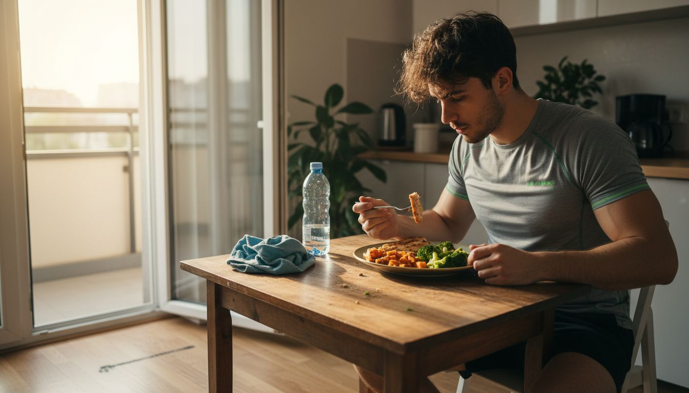 Un bărbat sportiv savurează o masă proaspătă după antrenament, pentru a-și reface energia.