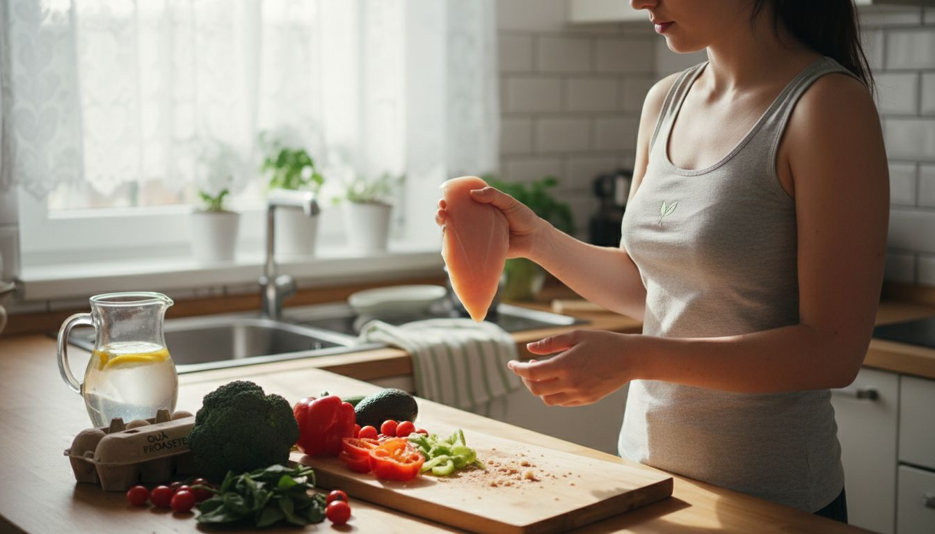 O femeie își aranjează alimentele bogate în proteine în bucătărie, punând ordine printre ingrediente ca să le aibă la îndemână pentru mesele sănătoase.