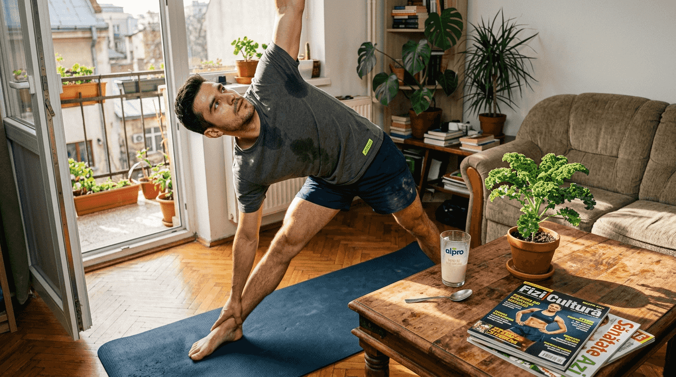 Bărbat sportiv făcând exerciții de întindere lângă surse vegane de vitamina D