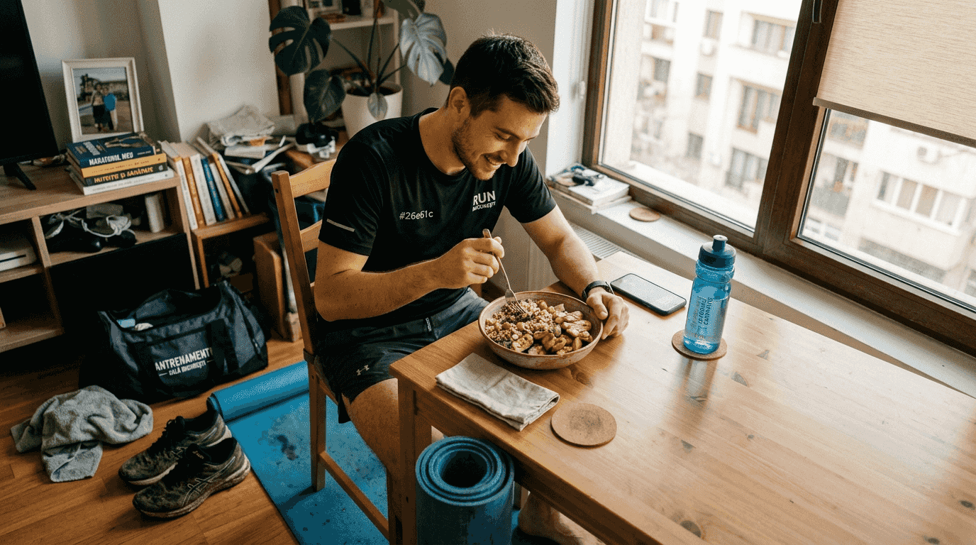 După antrenament, un bărbat sportiv se bucură de un prânz echilibrat, conceput special pentru nevoile sale nutriționale.