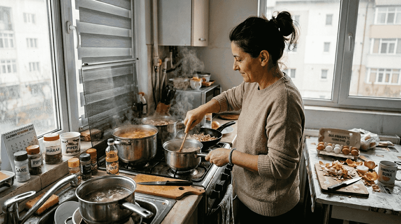 O femeie pregătește mai multe feluri de mâncare în bucătărie.