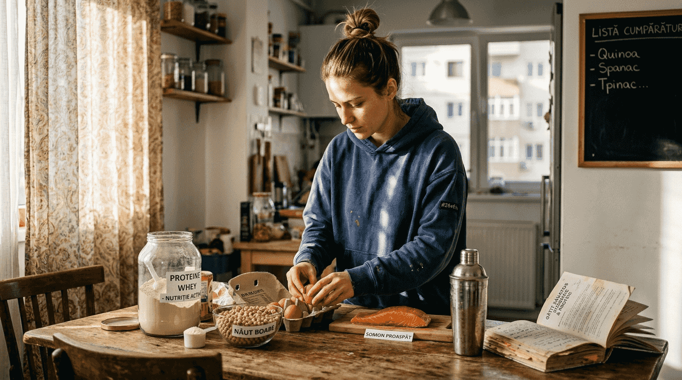 O femeie alege și pregătește ingredientele bogate în proteine pentru un meniu care susține masa musculară.