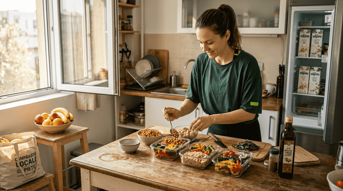 O femeie își pregătește mesele vegane pentru antrenamente în bucătărie, având grijă să includă ingrediente sănătoase și echilibrate pentru un stil de viață activ.