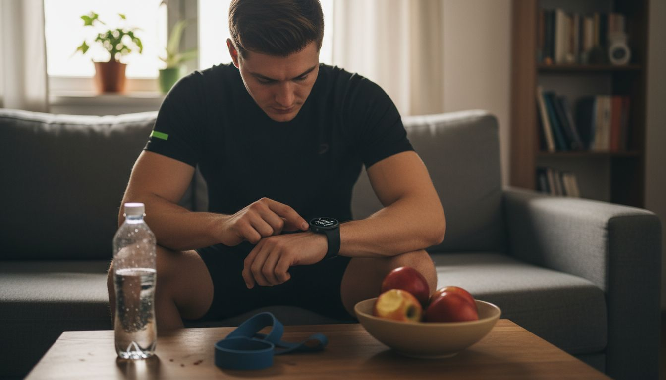 Un sportiv își monitorizează valorile nutriționale direct de pe ceasul inteligent în timpul antrenamentului.