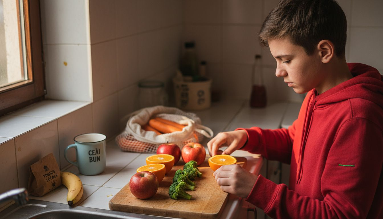Un adolescent așază cu grijă fructe și legume proaspete pe rafturi.