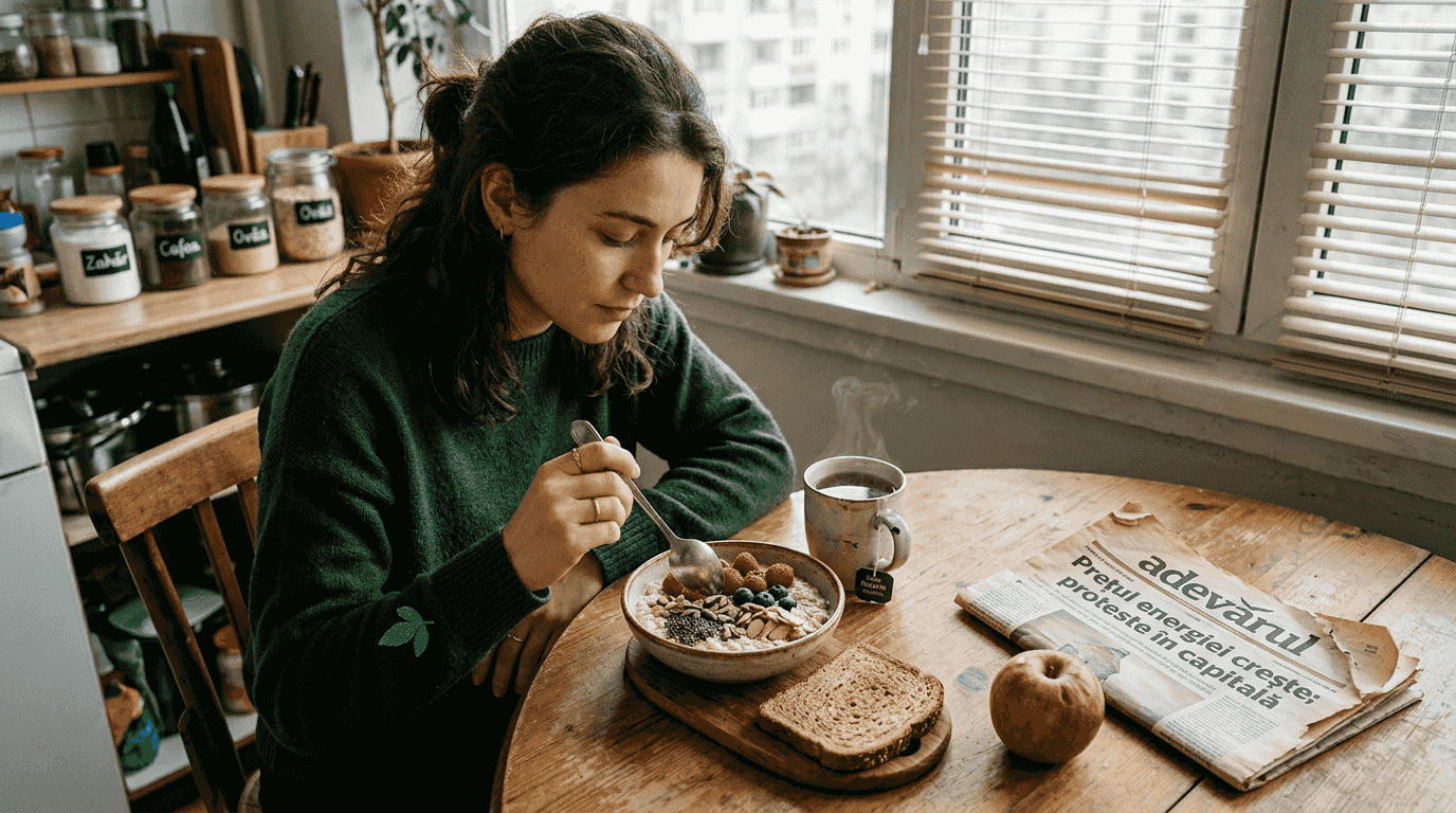 Un mic dejun sănătos cu fulgi de cereale și fructe proaspete