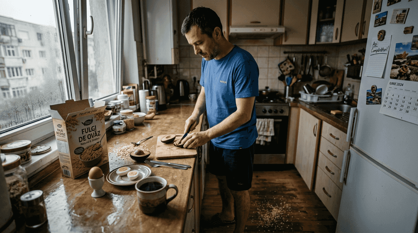 Un bărbat își începe dimineața pregătind un mic dejun sănătos.