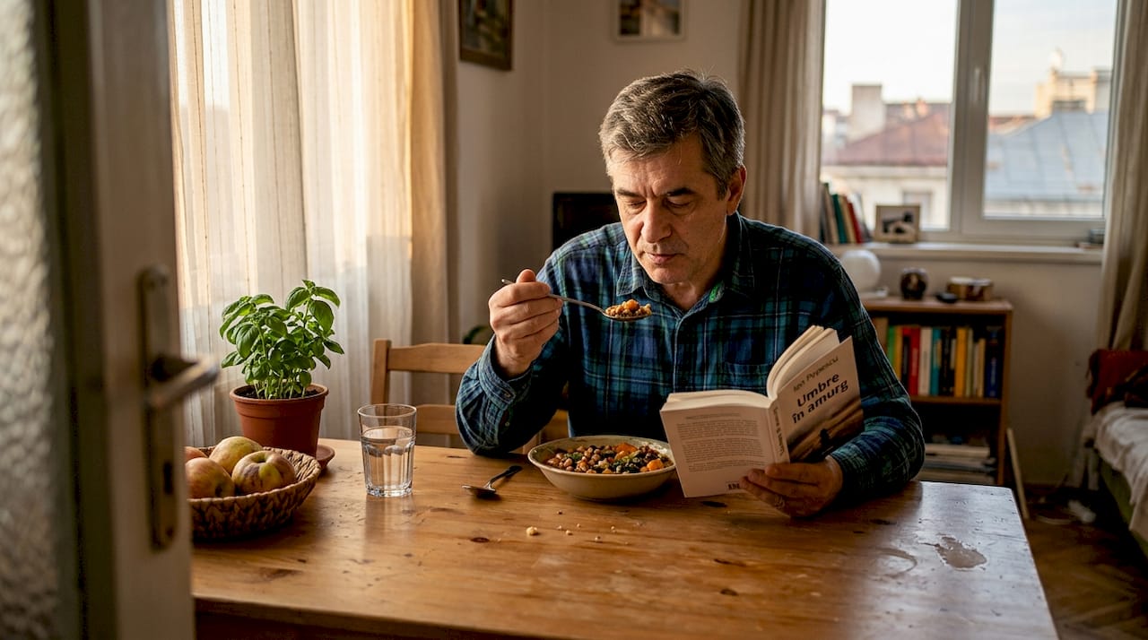 Savurând o tocăniță de legume la masa din bucătărie, exact ca acasă.