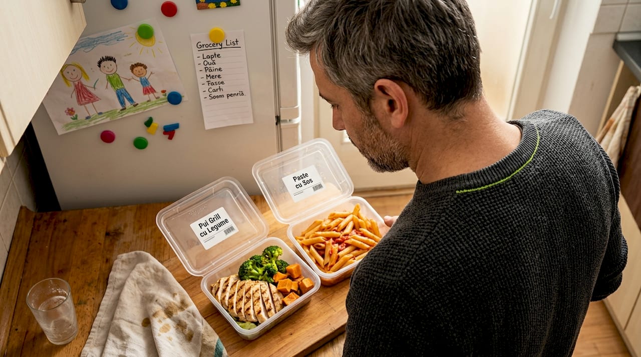 Un bărbat analizează diferențele dintre meniurile personalizate și cele standard, încercând să vadă care variantă i se potrivește mai bine.