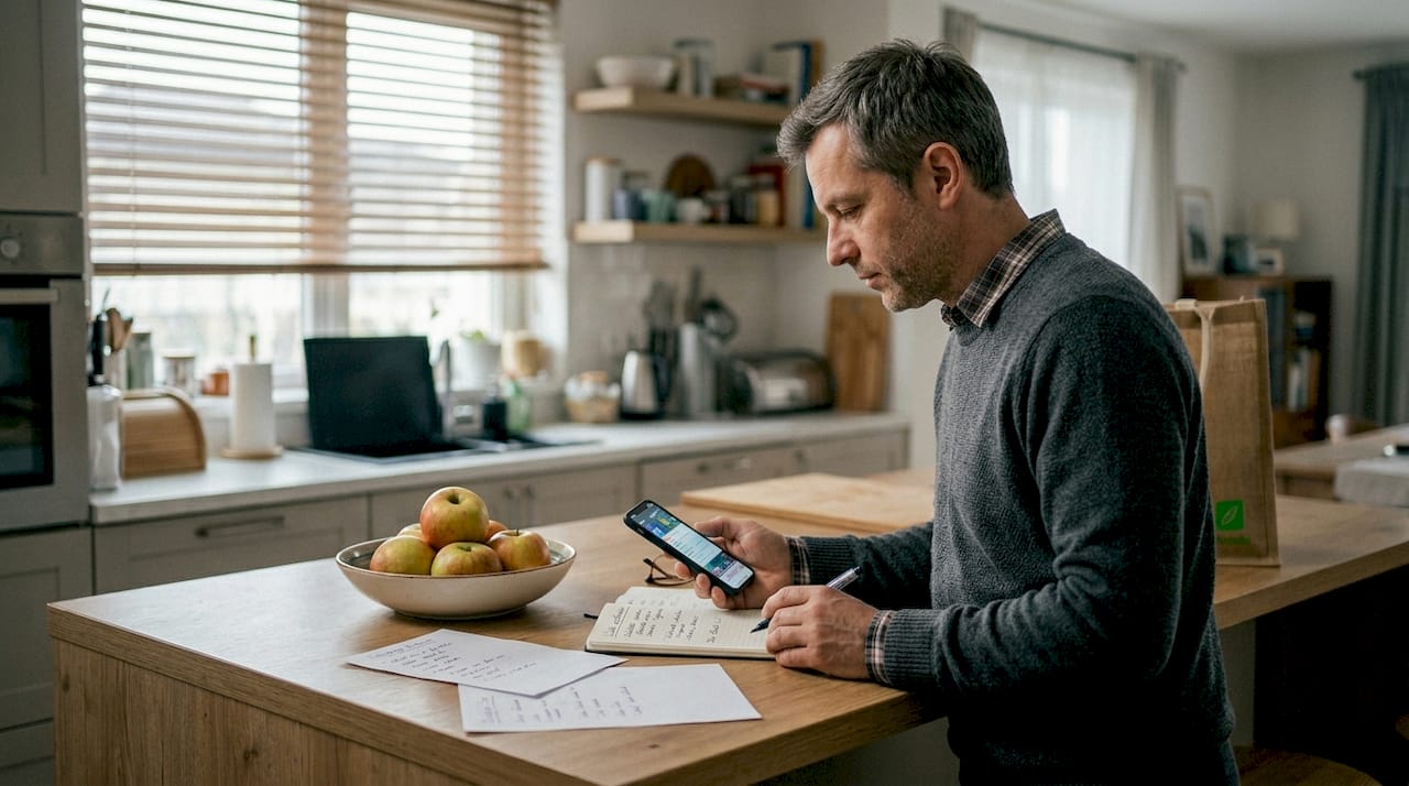 Un bărbat își organizează meniul pentru săptămâna următoare, chiar acolo, în bucătărie.