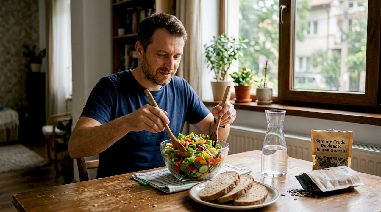 Un bărbat pregătește o salată vegană la bucătărie, amestecând ingredientele cu grijă la masă.