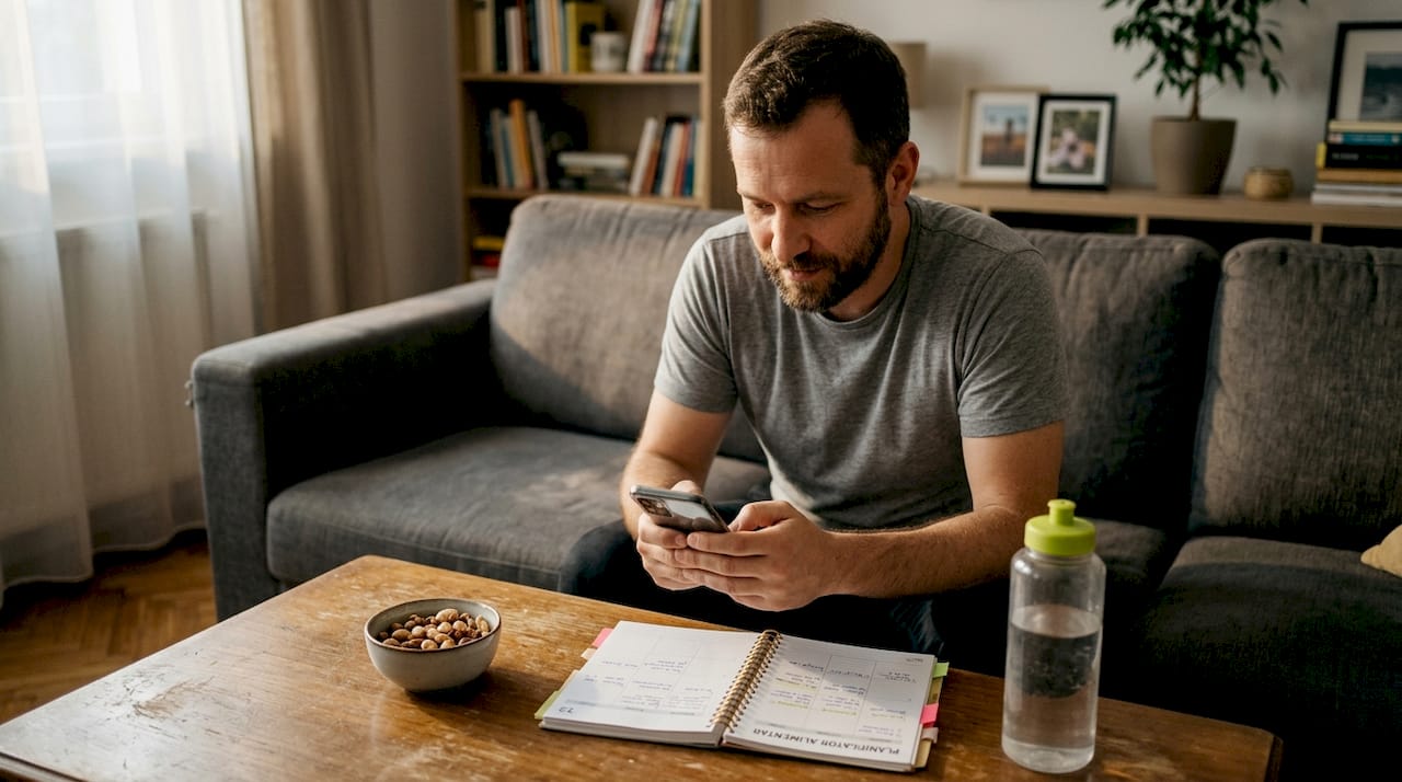 Un bărbat își consultă meniul zilnic în aplicația de nutriție.
