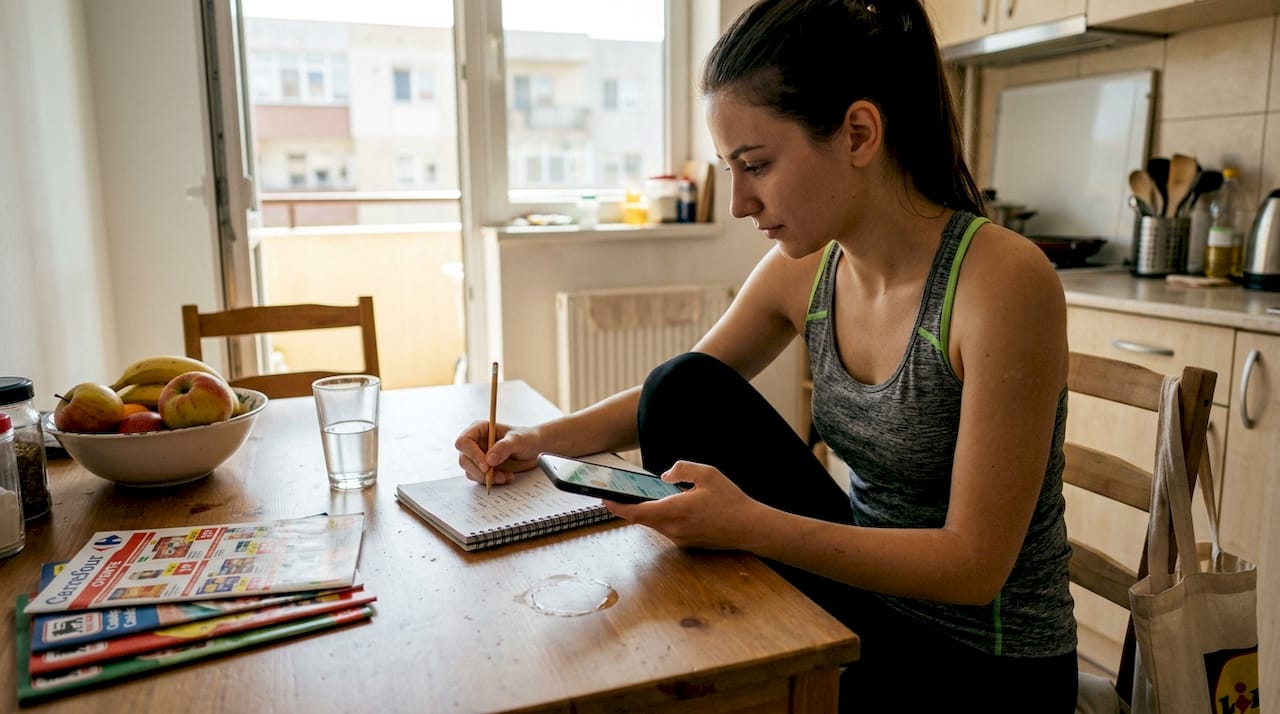 O femeie stă la masa din bucătărie și își organizează meniul pentru zilele următoare.